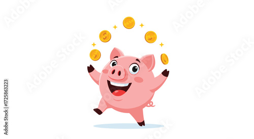 A happy piggy bank is juggling golden coins on a white background.