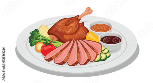 Delicious roasted duck served with sliced meat vegetables and two dipping sauces.
