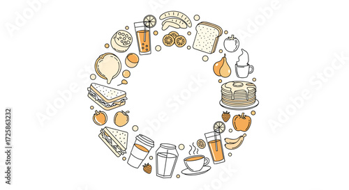 A circular arrangement of various breakfast food items and beverages.