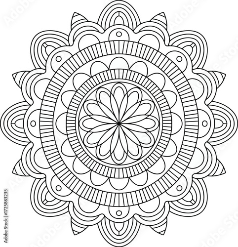 Intricate circular floral mandala design for coloring and mindful relaxation