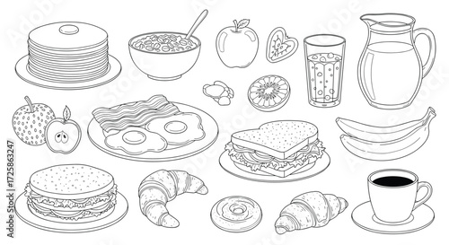A collection of breakfast foods and drinks displayed in a line.