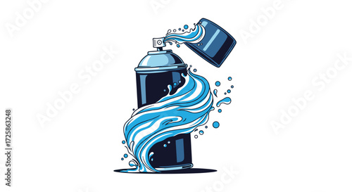 A spray paint can releasing a vibrant blue liquid with splashes and waves.