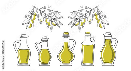 Five glass bottles with olive oil and branches of olives above them.