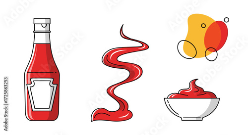 Tomato sauce condiments including a bottle a swirl and a bowl.