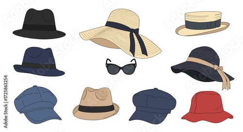 A collection of stylish hats and sunglasses for all occasions.
