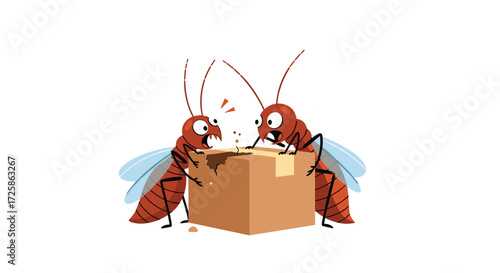 Two cartoon mosquitos biting a cardboard box.