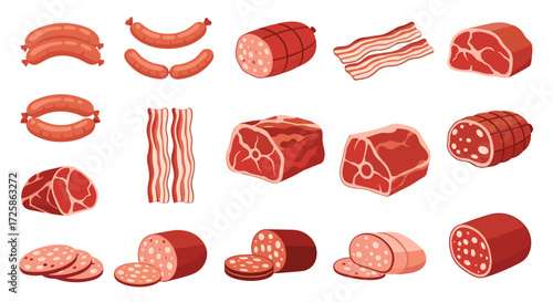 A diverse assortment of cured meats and processed meat products displayed in a pattern.