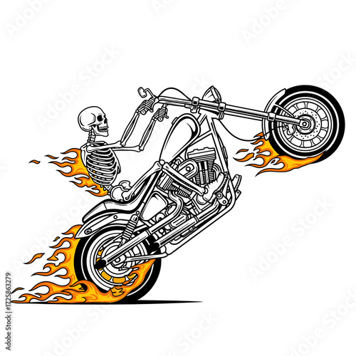 A skeleton performs a wheelie on a flaming chopper motorcycle.
