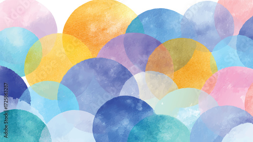 A vibrant abstract watercolor background featuring overlapping circles in various colors including blue, yellow, and pink