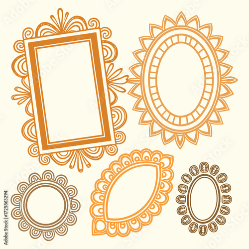 Decorative vintage frames in ornate style with oval and rectangular shapes. Elegant hand drawn border collection for invitations, posters, and creative artwork. Stylish design elements for digital and