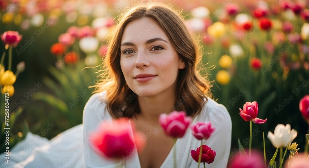 Naklejka premium Woman in white dress amidst a field of vibrant tulips