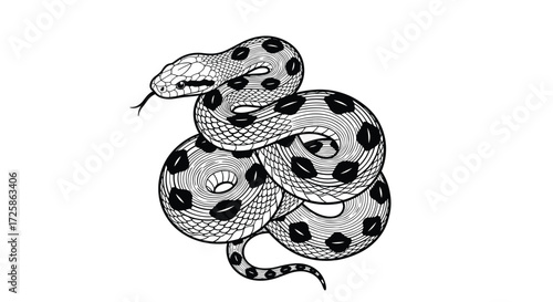 A coiled snake with a patterned skin rests on top of coiled sections of its body.