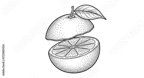 A drawing of a citrus fruit cut in half with leaves.