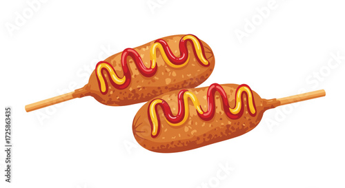 Two delicious corn dogs drizzled with ketchup and mustard.