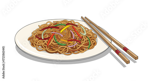 A delicious bowl of savory noodles with colorful vegetables and chopsticks resting beside it.