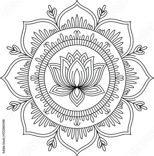 Intricate black and white lotus flower mandala design with detailed patterns