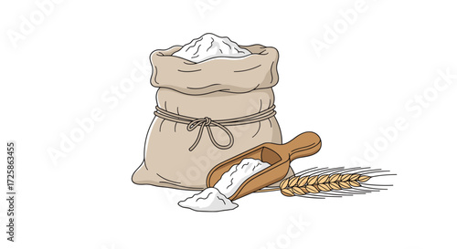 A sack full of wheat flour sits beside a wooden scoop with wheat grains.