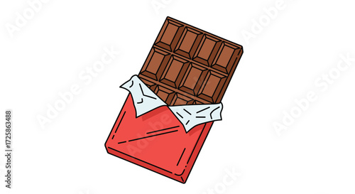 A delicious bar of milk chocolate in its red wrapper.