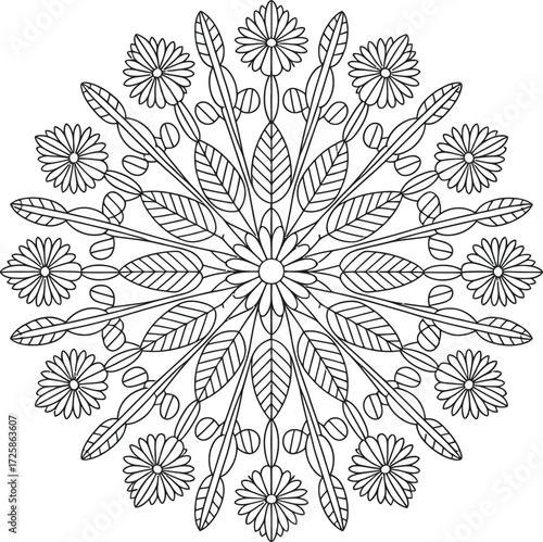 Intricate floral mandala design featuring symmetrical petals and leafy details
