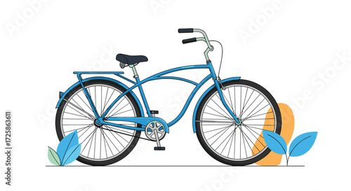 A blue cruiser bicycle with a rack parked outdoors with some green leaves and an orange circle in the background.