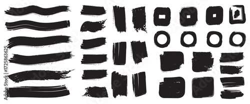Mega bundle of different ink brush strokes. rectangle, square and round freehand drawings. Ink splatters, grungy painted lines, artistic design elements. Vector paintbrush set.