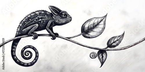 Black and White Chameleon on Branch Vector Illustration