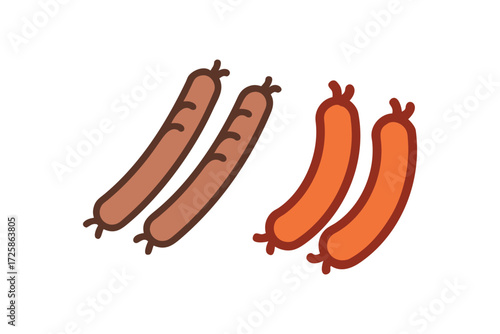 Two pairs of cartoon style sausages one pair brown and one pair orange on a white background