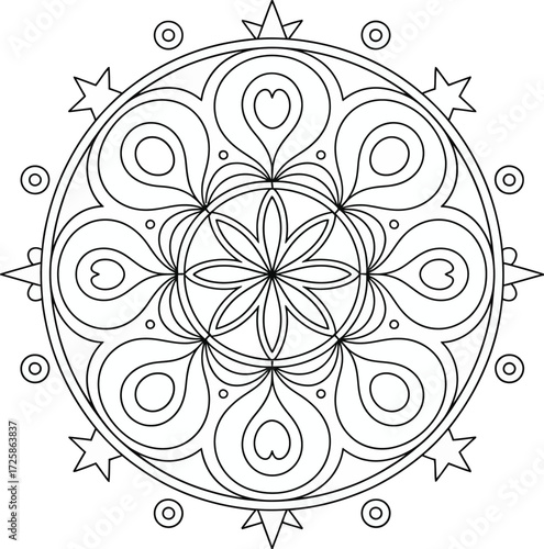 Intricate circular design featuring floral and heart motifs ready for coloring
