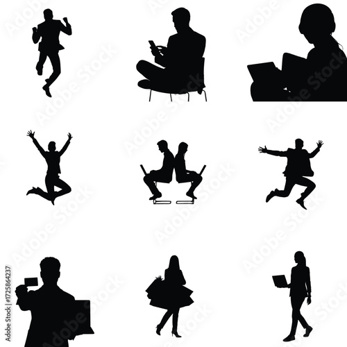 Silhouettes of diverse people engaging with technology expressing joy and working ideal for illustrating modern lifestyle and business concepts
