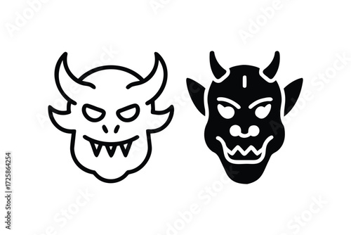 Two stylized devil faces one in black silhouette and one in white outline with sharp teeth and horns