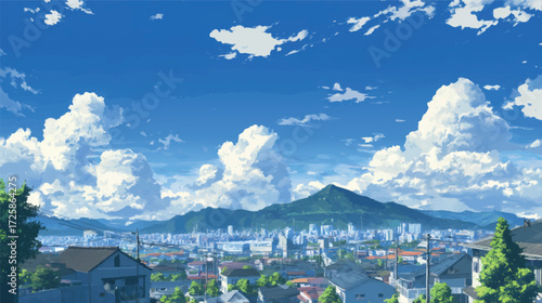 A panoramic view of a cityscape with mountains in the background, featuring a bright blue sky filled with fluffy clouds
