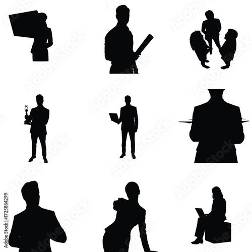 Silhouette collection of business professionals in various poses showcasing teamwork leadership and corporate success in a modern workplace setting