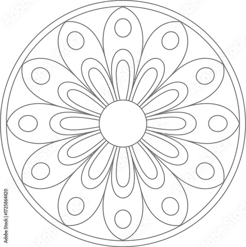 Intricate circular floral design with repeating petal shapes black and white