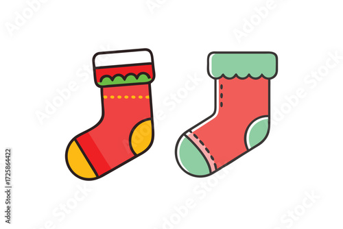 Two festive christmas stockings with red green and yellow colors perfect for holiday decorations and gifts