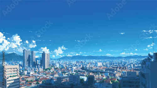 A panoramic view of a cityscape with mountains in the background, featuring a bright blue sky filled with fluffy clouds