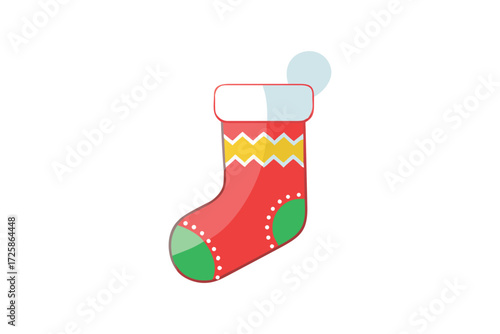A festive red christmas stocking with colorful patterns and a white fluffy top isolated on white background
