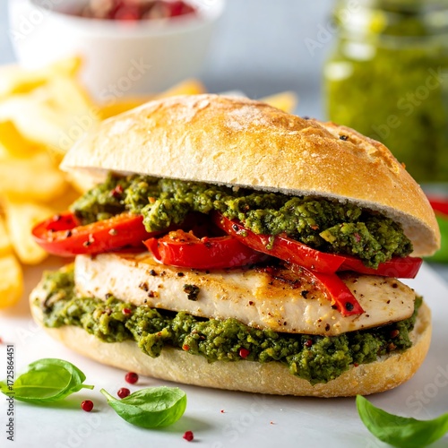 Gourmet chicken sandwich with pesto and peppers