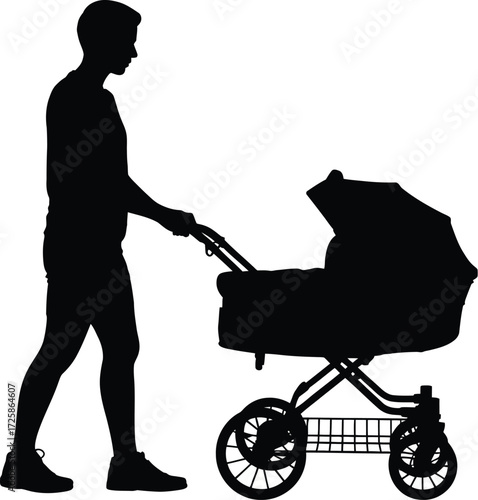 A silhouette of a father walking with his baby in a stroller