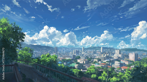 A panoramic view of a cityscape with mountains in the background, featuring a bright blue sky filled with fluffy clouds