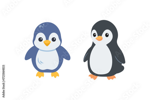 Two adorable cartoon penguins standing side by side on a white background one blue and one black and white