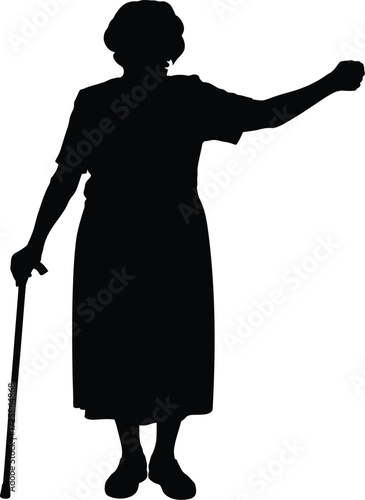 Silhouette of an elderly woman with a cane gesturing outward