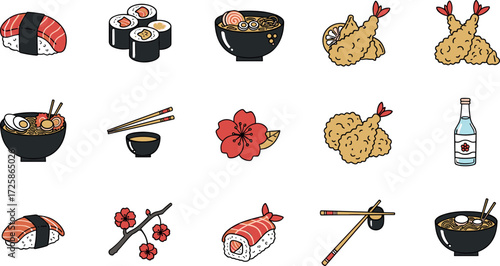 Assorted japanese food and cultural items: sushi, ramen, tempura, sake, and cherry blossoms on transparent background
