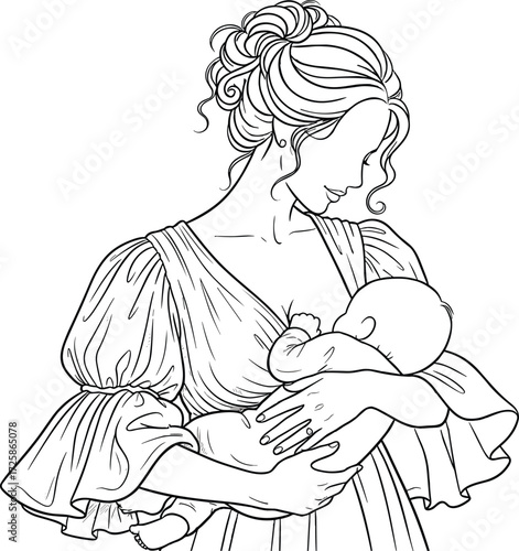 Black and white cartoon woman breastfeeding baby, nurturing pose, maternal love and bonding theme, vintage style vector illustration for family and childcare content