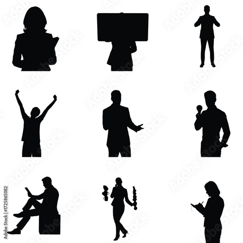 Silhouettes of business professionals in various poses including presenting celebrating reading and writing against a white background
