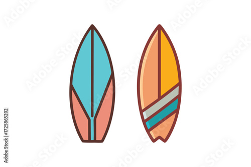 Two colorful surfboards standing upright with a modern flat design style on a white background
