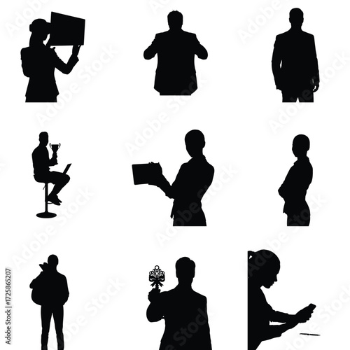 Silhouettes of diverse business professionals showcasing various activities and achievements in a corporate setting ideal for business concepts