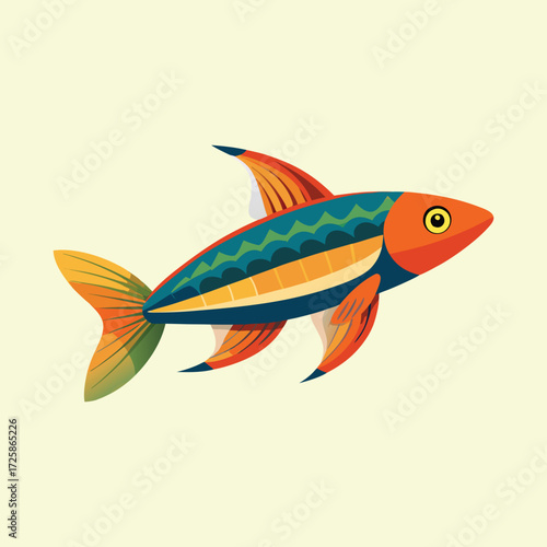 Colorful and stylized tropical fish illustration against a pale yellow background