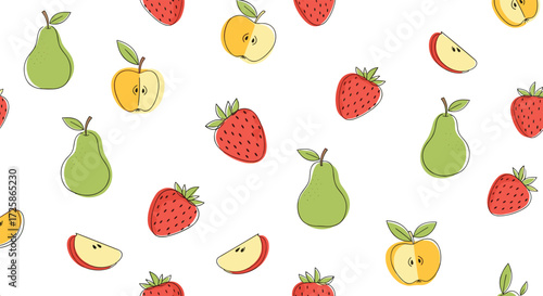 A vibrant and colorful pattern featuring fresh fruits like apples pears and strawberries.
