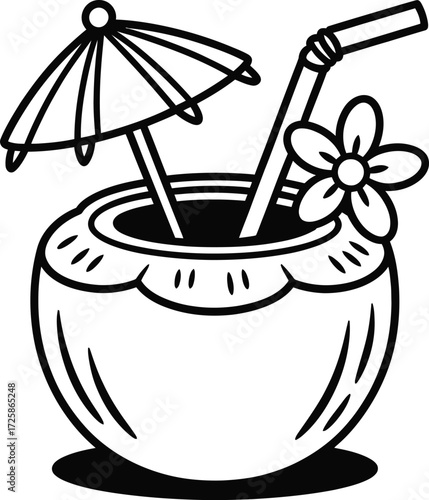 A refreshing coconut drink with a flower and tiny umbrella