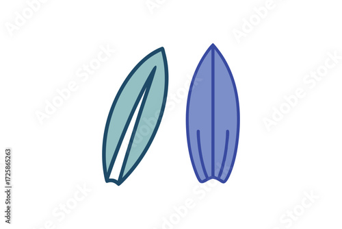 Two stylized surfboards one light blue and one purple depicted in a simple clean illustration style